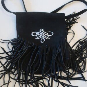 Womens Bloomingdale's Black Embroidered Fringed Hipster Suede Crossbody Handbag